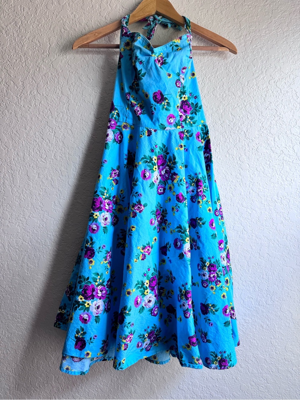 Hell Bunny May Day Floral Halter Dress Turquoise Purple Pinup Swing Small S
